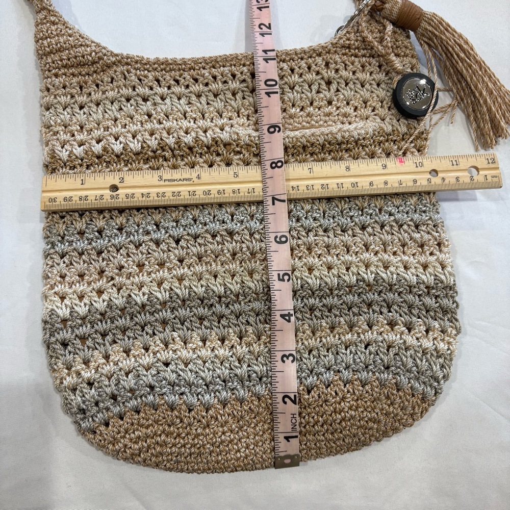 The Sak Crochet Ombre Boho Knit Tassel Hobo Crossbody Bag in Beige and Brown - Picture 8 of 10
